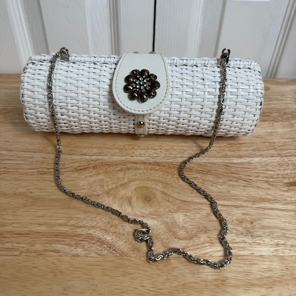 Maxx New York Woven Cylinder Clutch Small White Floral Rhinestone Cottagecore